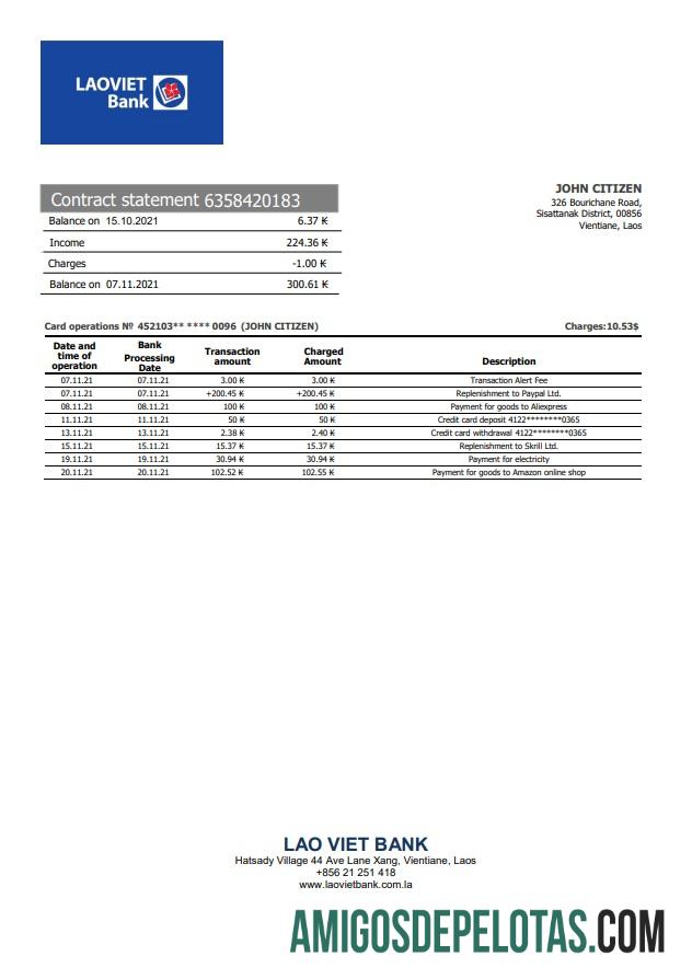 Modelo de extrato bancário Laos Lao Viet
